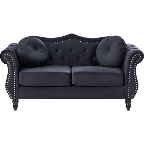 Sofa Schwarz Samtstoff 2-Sitzer Chesterfield Stil Retro Zierkissen Wohnzimmer (1/5)