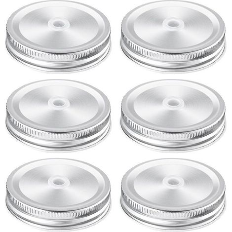 Lot de 6 couvercles de bocaux Mason avec trou de paille 70 mm Couvercles de Pots Mason pour bocaux à ouverture normale, couvercles, Argentés (1/5)