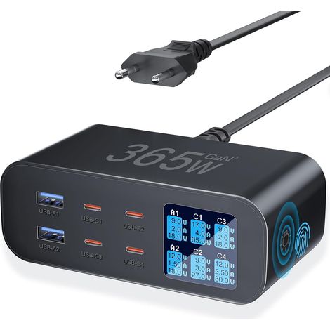 365W Chargeur USB C Multiple avec Écran LED 6 Ports Station de Charge Rapide PD Chargeur USB C 100W QC Charge USBA Multiple pour Ordinateurs Portables, Noir (1/5)