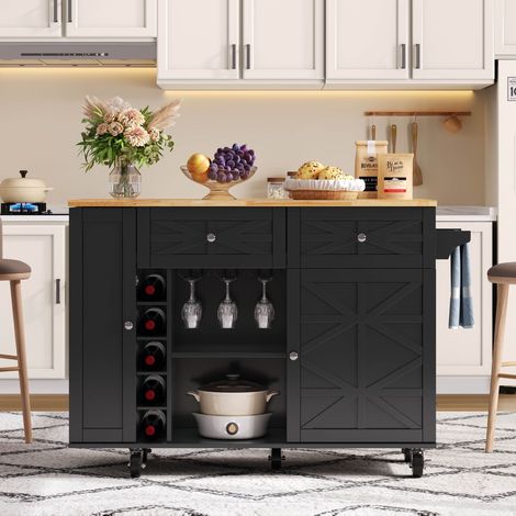 DESMIU Desserte de Cuisine avec 1 Porte et 2 Tiroirs, Plateau Rabattable, Porte-verres et Range-bouteilles, pour Cuisine, Noir, 120 × 45 × 89 cm (1/5)