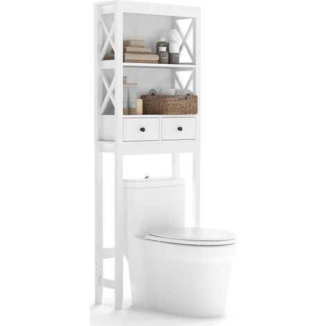COSTWAY Mobile Sopra Lavatrice, Armadietto da Bagno Indipendente Alto 165 cm con Ripiani Aperti, Cassetti e Barra Inferiore Regolabile, Mobile Sopra WC Salvaspazio, 60 x 20,5 x 165 cm
