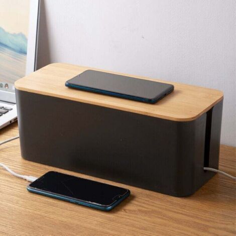 1 Black Cable Cover Box, Large Electrical Cable Storage Box with Wooden Lid, Power Strip Cover Box for Cable Protection and Electrical Power Strip Socket (1/4)