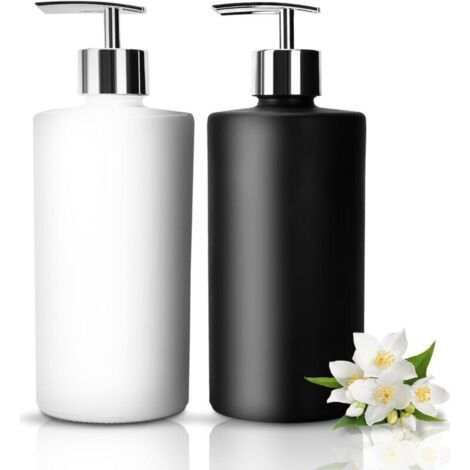Set of 2 Glass Soap Dispensers 450ml Matte Black and White Stainless Steel Pump, Refillable for Kitchen and Bathroom (1/4)