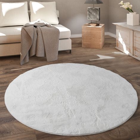 Paco Home Teppich Rund Fellteppich Kunstfell Plüsch Bettvorleger Shaggy Wohnzimmer Kinderzimmer Ø 80 cm Rund, Weiß