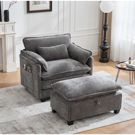Poltrona da lettura 103x85x91 cm grigia con poggiapiedi contenitore in ciniglia MEUBLIV (1/5)
