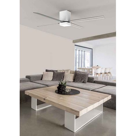LedsC4 Zonda - Ventilador de Techo con Luz LED Intensidad y Temperatura 3000K. Ventilador Silencioso con 5 Velocidades, Programable con Temporizador. Color Blanco y Transparente. Tamaño 145cm (1/2)