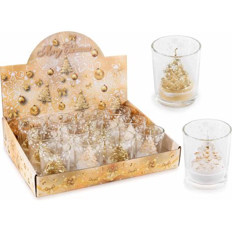 Candele a forma di albero di Natale in vasetto di vetro decorato con fiocchi di neve in espositore da 12 pezzi, set da 12 pezzi, Ø 5,5 cm x 6,5 H