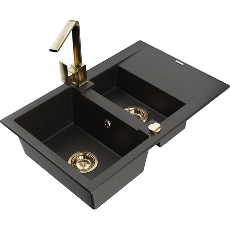 Mexen Gaspar 1,5-Becken-Granitspüle mit Abtropffläche und Mischbatterie Rita, Schwarz/Gold - 6507-75