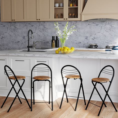 Tabouret de bar pliable pratique avec dossier, adapté intérieur extérieur et divers espaces, 4 pièces, pieds noirs, assise marron