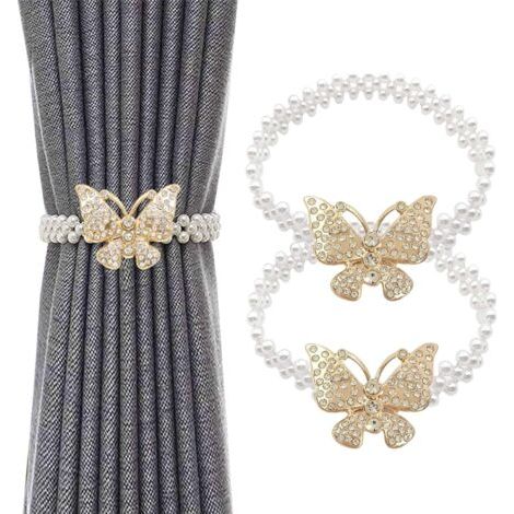 QORVA-Embrasses de rideaux dorées et argentées en forme de papillon avec perles et boucle en métal, idéales pour le salon et la chambre à coucher,Or