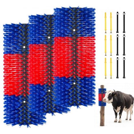 Cepillo Rascador para Ganado 430 x 190 mm, Conjunto de 3 Unidades, Raspador para Vacas Caballos Ovejas, para Aliviar la Picazón en la Espalda, Kit de 12 Tornillos, para Campo Granja, Azul y Rojo (1/5)