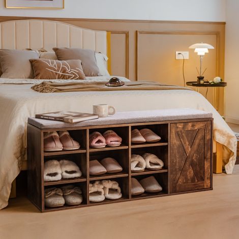 Banc à Chaussures avec Coussin Rembourré Étagère à Chaussures 3 Niveaux avec Étagères Ajustables Ouvre-porte Marron Rustique (1/2)
