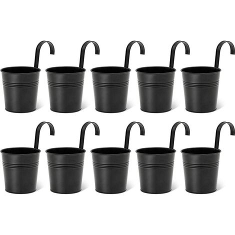 Hängende Blumentöpfe 10er Set, 10cm Metall Hängetöpfe mit Haken, Balkon Deko für Geländer, Kräutertopf Innen & Außen, Schwarz (1/5)