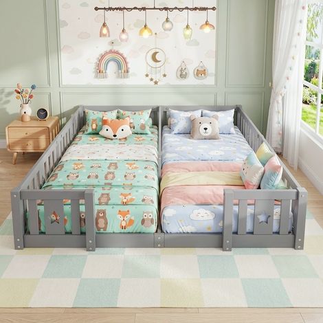 Kinder-Hausbett 90x200 cm/180x200 cm - Einzelbett aus massiver Kiefer mit Sicherheitsbarriere und Sternenmotiv - Grau