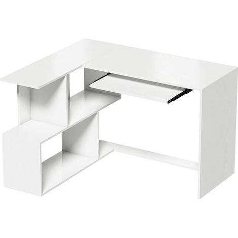 Escritorio de esquina en L con bandeja para teclado y estantes abiertos, blanco efecto madera (1/4)