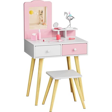 Coiffeuse Enfant avec Miroir et Tabouret, 2 en 1 Coiffeuse pour Fille avec Rangement, 4PCS Pieds, Bureau pour Enfants, Table de Maquillage en Bois Rnfant, pour 3+ Ans, 60 x 40 x 108 cm, Rose (1/5)