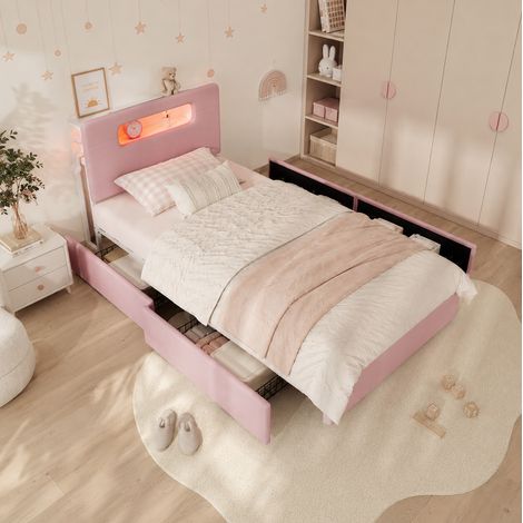 MODFU – Lit enfant 90x200 cm velours – LED par app et 4 tiroirs – Tête creusée et niche ouverte – Chambre – Rose (1/5)