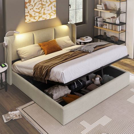 Letto contenitore matrimoniale 160x200cm, testiera imbottita con 2 luci di lettura e porta di ricarica USB, contenitore, rete a doghe, giroletto, Letto imbottito per adulti, Beige (1/5)