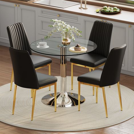 Ensemble de table à manger moderne minimaliste en verre trempé, Ø 85 cm, avec 4 chaises de salle à manger noires en similicuir de haute qualité, pour le salon, la salle à manger et la cuisine.