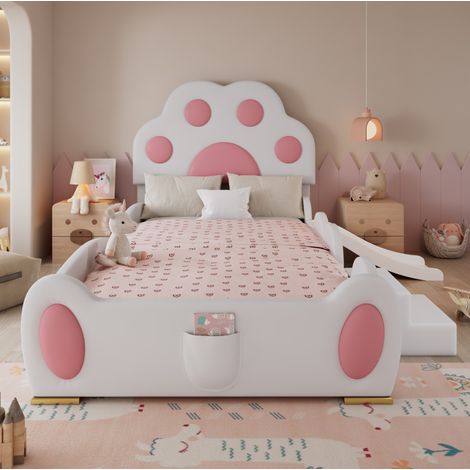 Polsterbett, Einzelbett, Kinderbett, Kopfteil in Form einer Cartoon - Katzenpfote, mit einer Kinderrutsche und einer zweistufigen Leiter, PU-Oberfläche,Weiß + Rosa, 90x200cm (1/5)
