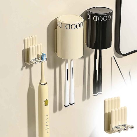 Support Pour Brosse À Dents Électrique - Support Mural Sans Perçage - Pour Brosse À Dents Et Gobelet À Bains De Bouche - Plastique Crème - 1 Pièce (1/5)