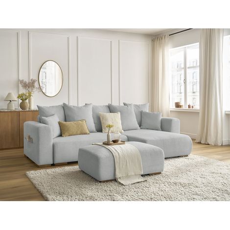 BOBOCHIC - Canapé d'angle convertible réversible coffre SIDONIE tissu chiné avec pouf Gris clair (1/5)