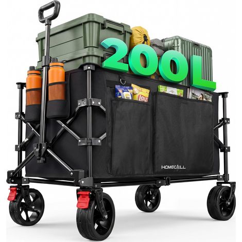 Homecall Bollerwagen Handwagen 200L XXL-Volumen mit praktischer Kühltasche, (Strandwagen Klappbar Transportwagen), Für Einkaufen, Camping, Garten, Dogs (schwarz)