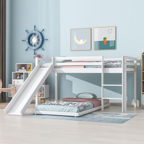 Children's Cabin Bed Frame with Slide and Ladder, Bunk Bed for Kids with Adjustable Ladder and Slide, Adjustable Lower Bed (White, 190x90cm 200x90cm) (1/5)
