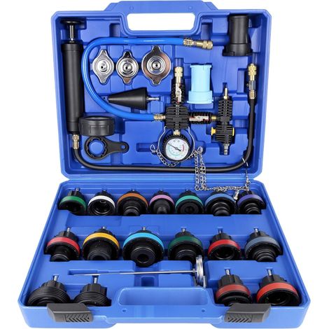 28PCS Radiator Coolant Pressure Test and Replacement Kit, Complete with Manual Pump, Adapters, Color Coded Plugs and Tool Box, Blue (1/5)