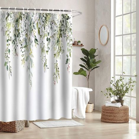 Rideau De Douche 180cm  180cm Rideau De Douche Plantes Vertes Eucalyptus, Rideaux De Douche De Salle De Bains De Printemps, Ensembles De Rideaux De Douche Feuilles Botaniques Aquarelle Blanche Avec 12 (1/5)