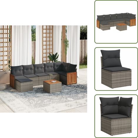 The Living Store 8-tlg. Garten-Sofagarnitur mit Kissen Grau Poly Rattan - Gartenmöbelset - Rattan Möbel - Outdoor Set - Lounge Set - Esstisch