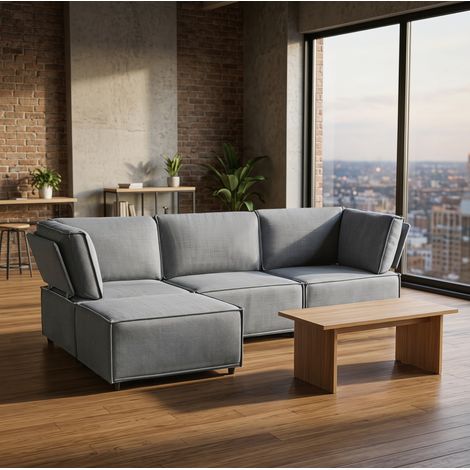 Sofá esquinero modular 238x154x75 cm de madera y lino gris claro – MEUBLIV (1/5)