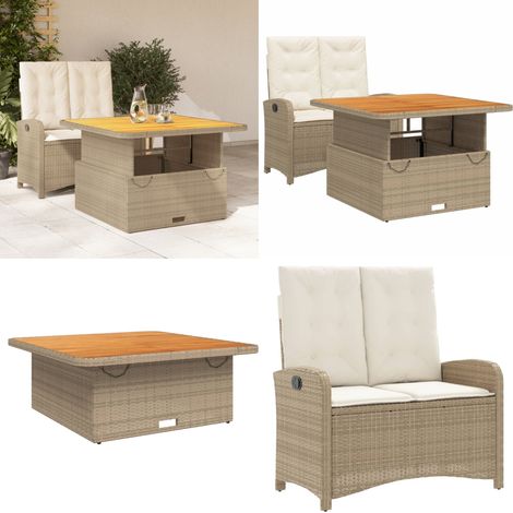 Set comedor de jardín 2 pzas con cojines ratán sintético beige - Banco de jardín - Mesa de jardín