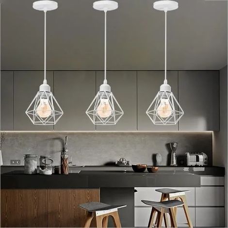 3PCS Lustre Suspension en Cage Moderne,E27 16CM Lampe Plafonnier Industrielle en Métal Blanc pour Salon Chambre (1/4)