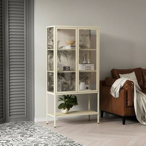Dmora – Vitrine moderne crème – Meuble exposant avec 3 étagères et 2 portes en verre – Dimensions 80x35x160 cm – Structure métallique robuste (1/5)