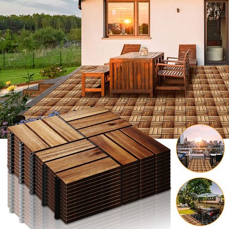 Lot de 11 dalles clipsables en bois naturel 31 x 31 cm – Résistantes aux intempéries – Système de drainage efficace – Pour balcon et piscine – (1/5)