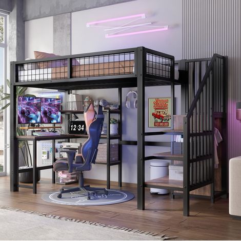 Letto rialzato 90x200 cm con ripiani aperti, armadio aperto e scrivania, senza materasso, nero (1/5)
