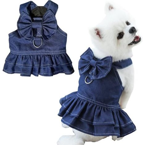 Vestido adorable para perrita (1 pieza) - Falda vaquera con lazo - Para perritas pequeñas - Talla XS - Ideal para paseos - Cumpleaños y fiestas (1/5)