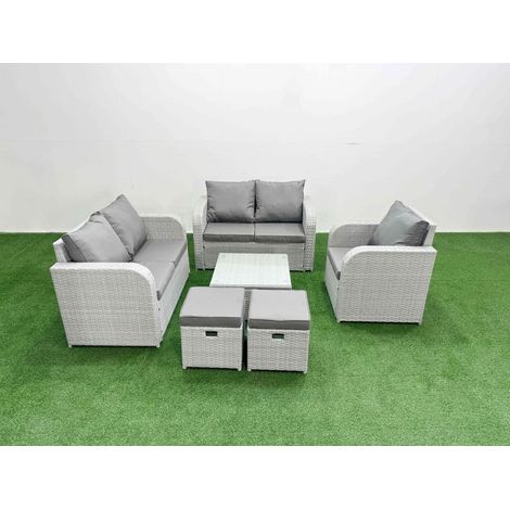 Fimous High Back Poly Rattan Garden Furniture Set with Reclining Chair Loveseat Sofa Square Coffee Table Indoor Outdoor Patio Set 2 Stool Light Grey (1/4)