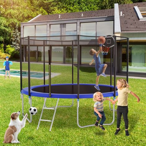 Trampoline extérieur 366 cm bleu - filet sécurité, 72 ressorts, cadre acier galvanisé, capacité 150 kg (1/5)