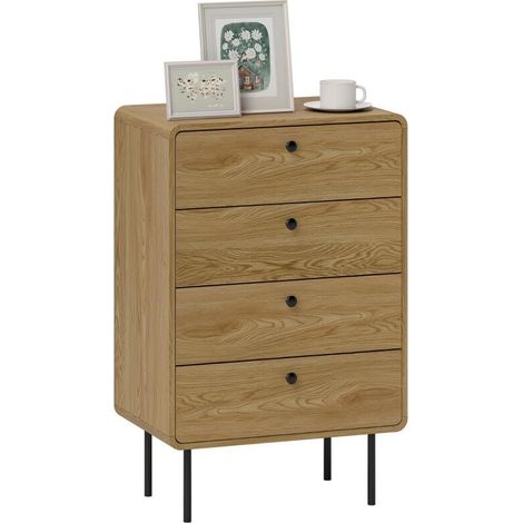 Commode 4 tiroirs, meuble de rangement étroit avec pieds en acier, coins arrondis, 60 x 39 x 91,5 cm, chêne
