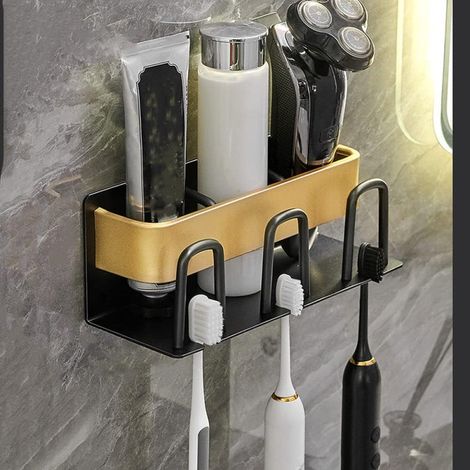 Porte-brosse à dents - Aluminium - Or noir - Mural - Adhésif - Pas de perçage (1/5)