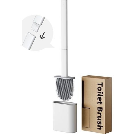 Flache Silikon-Toilettenbürste mit Halterung, tropffrei, antibakteriell, belüftet, schnelltrocknend und geruchsneutral, zur Wand- oder Bodenmontage, für Bad und WC, weiß (1/5)