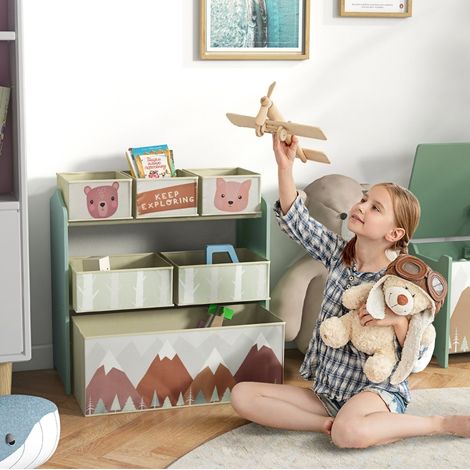 Étagère de rangement pour enfants avec 6 box en tissu, 3 petits et 3 grands compartiments, motif ludique, bois vert, pour chambre et salle de jeux  CHICFURN (1/5)