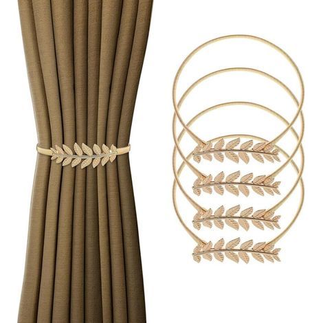 Sujetadores de cortina decorativos de metal dorado, juego de 4, ajustables, diseño moderno en forma de hoja, para interiores. (1/4)