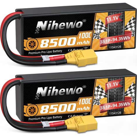 Batterie Lipo 3S 8500 mAh 11,1 V Batterie Lipo 100C Boîtier Rigide avec connecteur XT90 Compatible avec Les modèles RC 1/8 1/10 Voiture Camion Buggy Drone Bateau (2 Packs) (1/5)
