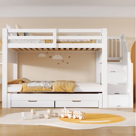 Letto a castello per bambini 90x200 cm con letto estraibile 90x190, scaletta contenitore, 2 cassetti e armadio, legno bianco (1/5)