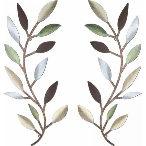 Juego de 2 adornos de pared, hojas de metal pintado, ramas simétricas, estilo elegante, sala de estar, pasillo, exterior. (1/5)