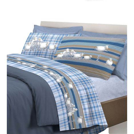 Completo letto set lenzuola 100% cotone di flanella linea pecorelle Una piazza e mezza - Azzurro
