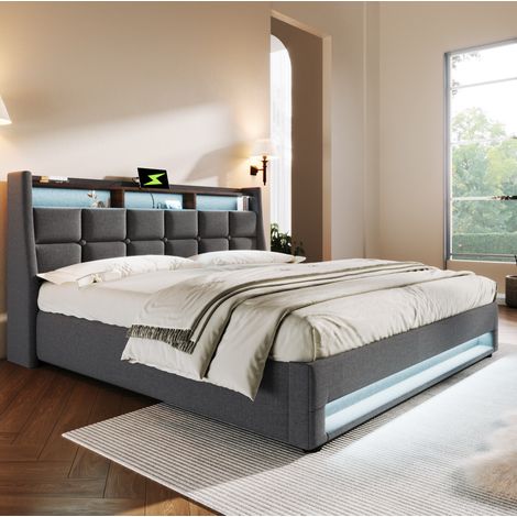 FLORAGRACE Lit rembourré 180x200 cm en tissu gris avec USB, LED, sommier à lattes métal, rangement sous le lit (1/5)